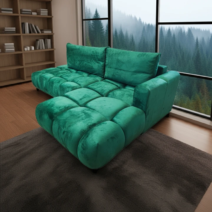 ZIELONY NAROŻNIK ROZKŁADANY Z FUNKCJĄ SPANIA PIKOWANY SOFFI PRAWY WELUR