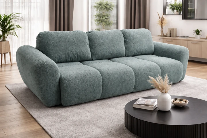 Nowoczesna pikowana kanapa rozkładana z funkcją spania Sofa Agnello Morska Zieleń Boucl
