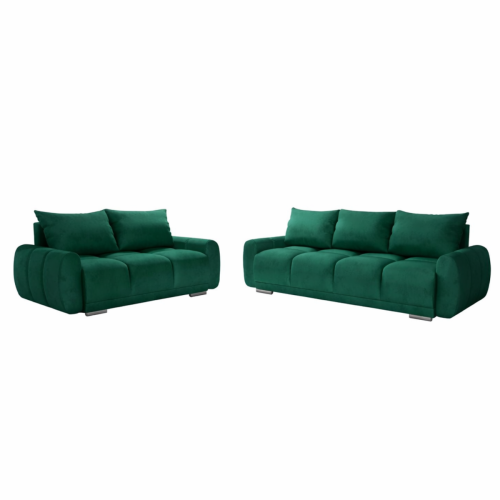 Na zdjęciu przedstawiono zielony zestaw wypoczynkowy do salonu sofa 3 z funkcją spania i sofa 2