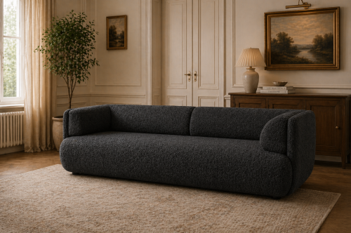 Na zdjęciu przedstawiono nowoczesną grafitową kanapę rozkładaną Cloud sofa z funkcją spania Boucle