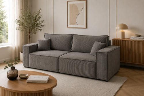 Na zdjęciu prezentuje się grafitowa kanapa rozkładana Rosso sofa z funkcją spania Sztruks