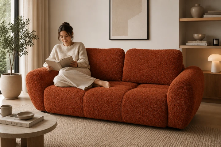 Na zdjęciu prezentuje się pikowana sofa idealna do wypoczynku Agnello 2 Ruda Boucle