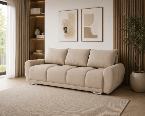 Na zdjęciu przedstawiono beżową rozkładaną kanapę z funkcją spania Sofa Honey 3