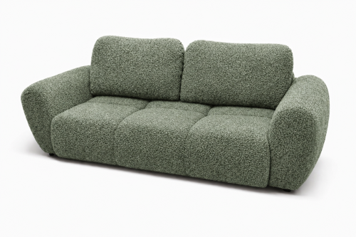 Na zdjęciu uwidoczniona jest nowoczesna pikowana sofa do salonu Agnello Morska Zielona Boucle
