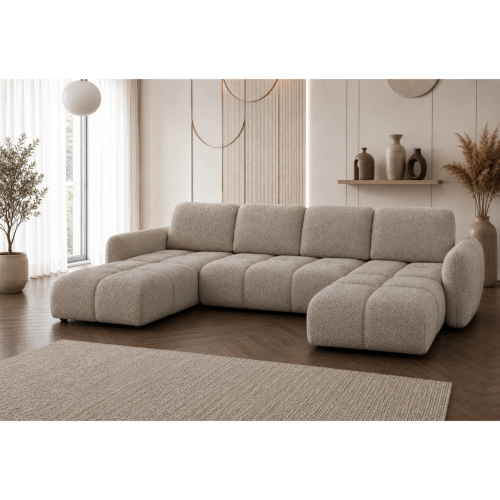 Duży nowoczesny pikowany beżowy narożnik rozkładany Agnello U 380cm Boucle