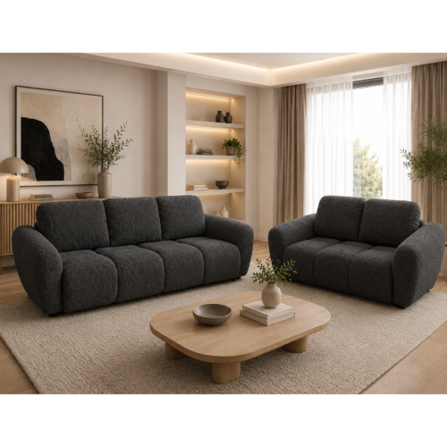 Zdjęcie przedstawia nowoczesny zestaw wypoczynkowy do salonu Agnello Grafitowy Kanapa rozkładana sofa dwójka