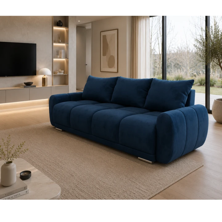 Niebieska sofa honey 3 z funkcja spania + pojemnik na pościel