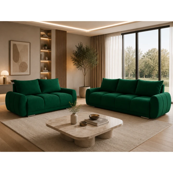 Na zdjęciu przedstawiono zielony zestaw wypoczynkowy honey do salonu sofa 3 z funkcją spania sofa 2