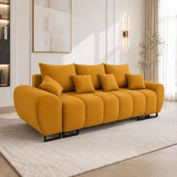 musztardowa  sofa  z funkcją spania i pojemnikiem na pościel do salonu Ragnar  3