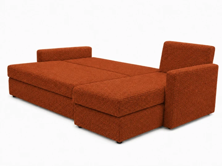 Zdjęcie przedstawiające rozłożoną funkcję spania w narożniku do salonu Teddy w tkaninie Boucle