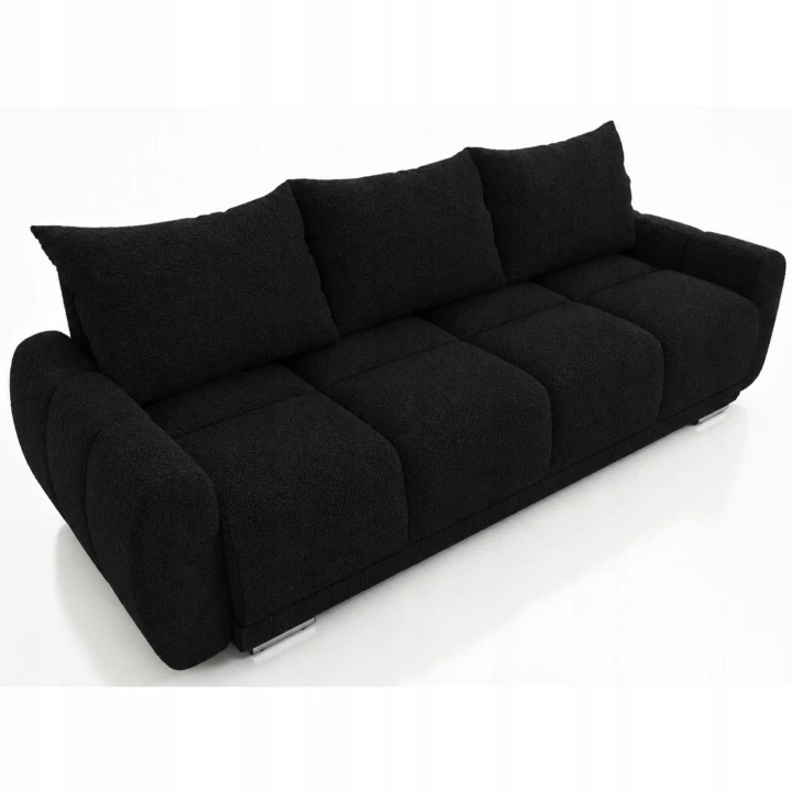Na zdjęciu przedstawiona jest czarna sofa rozkładana z funkcją spania HONEY 3 Boucle z pojemnikiem na pościel.