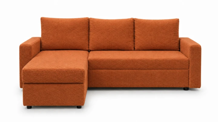 Ujęcie na wprost narożnika do salonu Teddy w rudym kolorze tkaniny Centaur Boucle