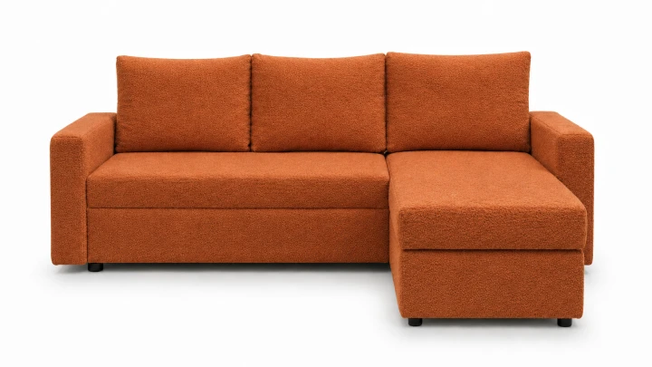 Ujęcie na wprost narożnika z funkcją spania Teddy w rdzawym kolorze tkaniny boucle Centaur