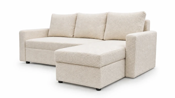Zdjęcie przedstawiające narożnik z funkcją spania Teddy w białej tkaninie boucle