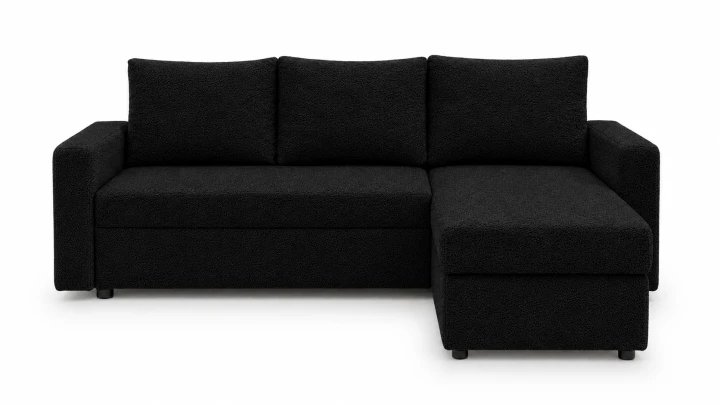 Zdjęcie przedstawiające ujęcie na wprost narożnika do salonu Teddy w czarnej tkaninie boucle