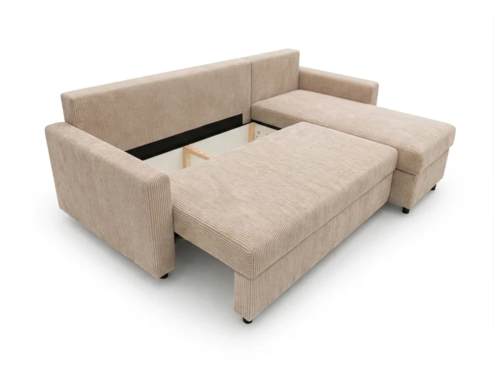 Zdjęcie przedstawiające duży pojemnik na pojemnik na pościel w narożniku rozkładanym z funkcją spania Cody Bonell DL Sztruks.