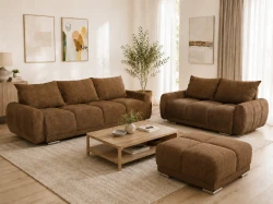 Zestaw wypoczynkowy do salonu Honey Kanapa rozkładana + sofa "dwójka" + duża pufa Cappuccino Boucle