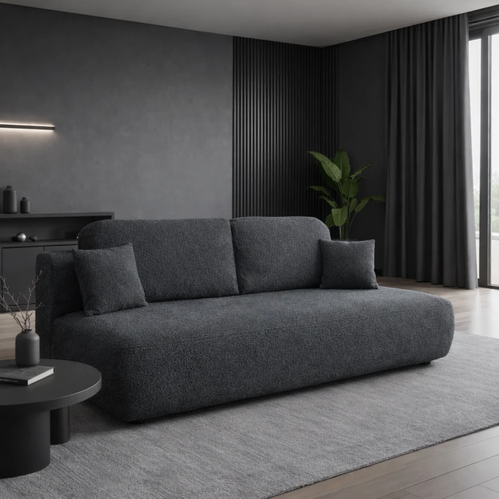 Przykładowa aranżacja: Mała kanapa rozkładana z funkcją spania Zoja 195 cm w nowoczesnym salonie urządzonym w stylu soft loft