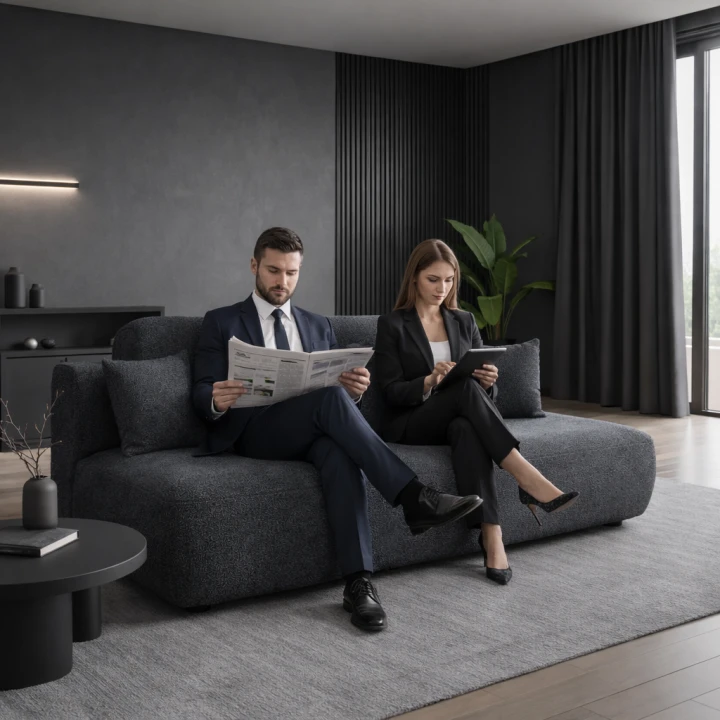Przykładowa aranżacja: Kobieta i mężczyzna siedzą na małej kanapie rozkładanej w salonie urządzonym w stylu soft loft