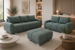 Zestaw wypoczynkowy do salonu Honey Kanapa rozkładana + Sofa "Dwójka" + Duża pufa Morska Zieleń Boucle