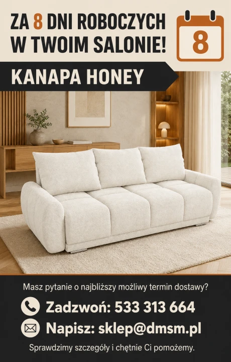 Infografika przedstawiająca możliwość dostawy kanapy z funkcją spania Honey w ciągu 8 dni roboczych