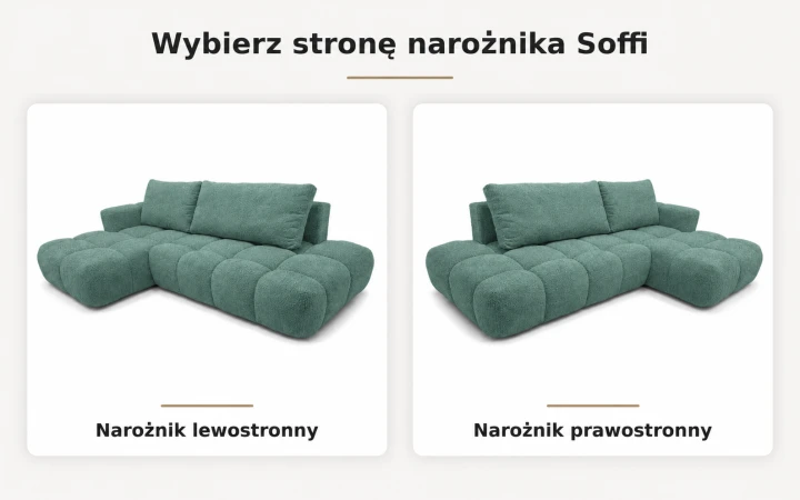 Infografika przedstawiająca możliwość wyboru strony narożnika z funkcją spania Soffi