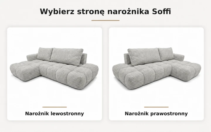 Infografika obrazująca możliwość wyboru strony narożnika rozkładanego do salonu Soffi w tkaninie boucle