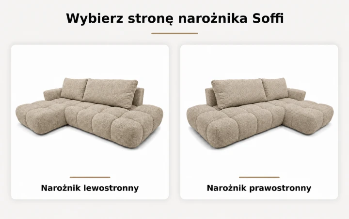 Infografika przedstawiająca możliwość wyboru strony w narożniku rozkładanym do salonu Soffi
