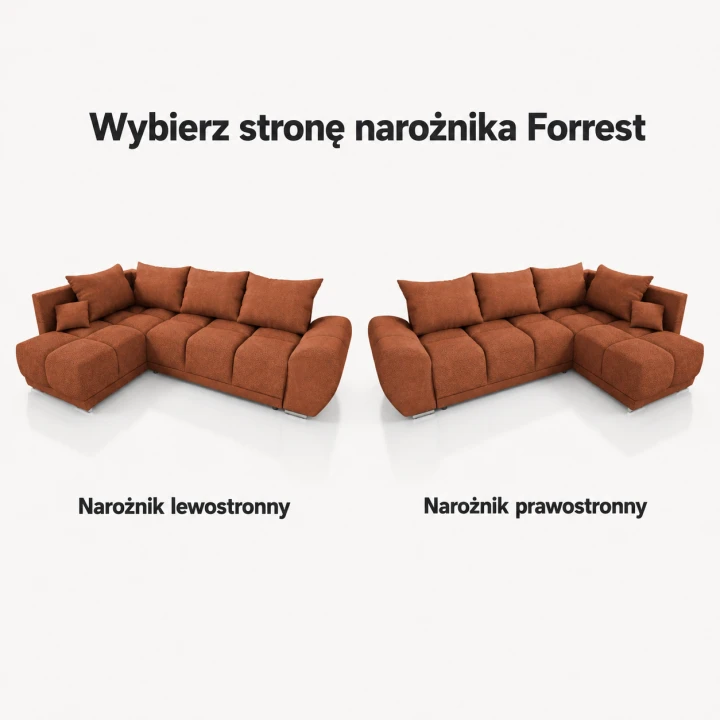 Infografika przedstawiająca możliwość wyboru strony narożnika rozkładanego z funkcją spania Forrest Boucle
