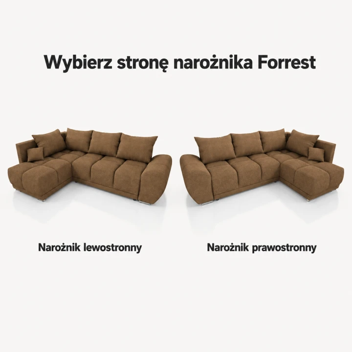Infografika przedstawiająca możliwość wyboru strony narożnika z funkcją spania Forrest boucle