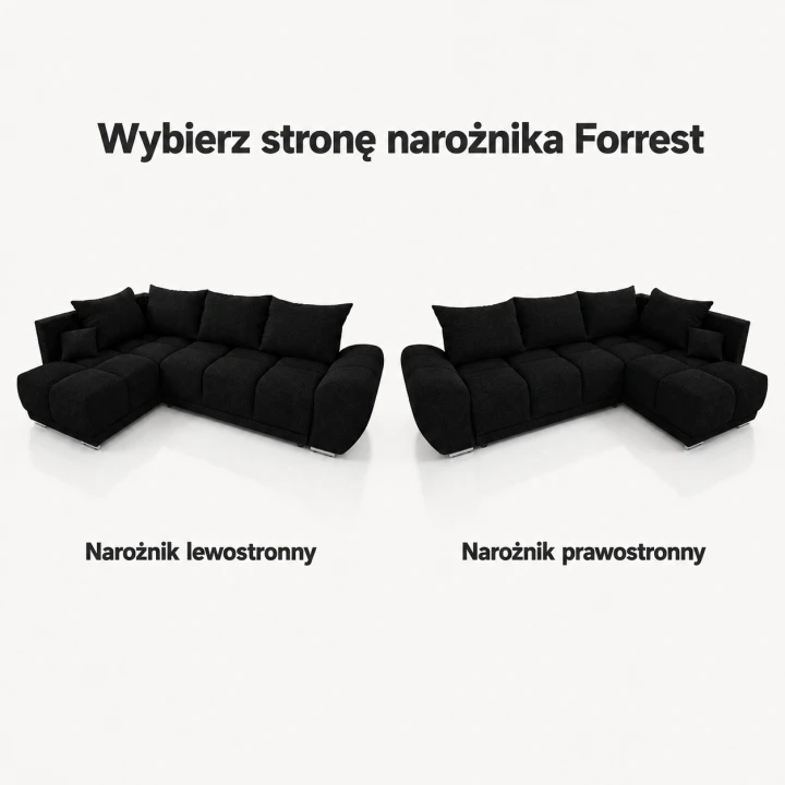 Infografika przedstawiająca możliwość wyboru strony narożnika rozkładanego do salonu Forrest