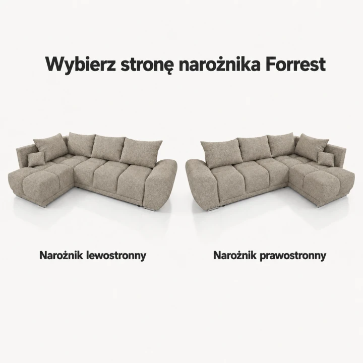 Infografika przedstawiająca możliwość wyboru strony narożnika rozkładanego do salonu Forrest Boucle