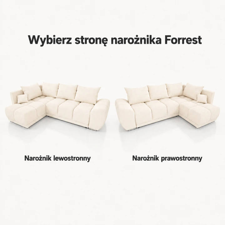 Infografika przedstawiająca możliwość wyboru strony w narożniku rozkładanym do salonu Forrest