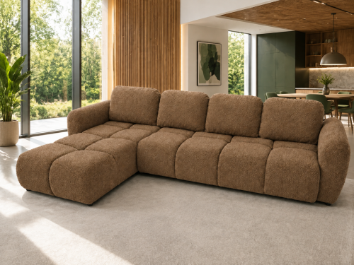 Zdjęcie przedstawiające przykładową aranżację narożnika rozkładanego do salonu Agnello Maxi boucle Cappuccino