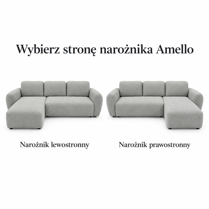 Infografika przedstawiająca możliwość wyboru strony w narożniku do salonu Amello