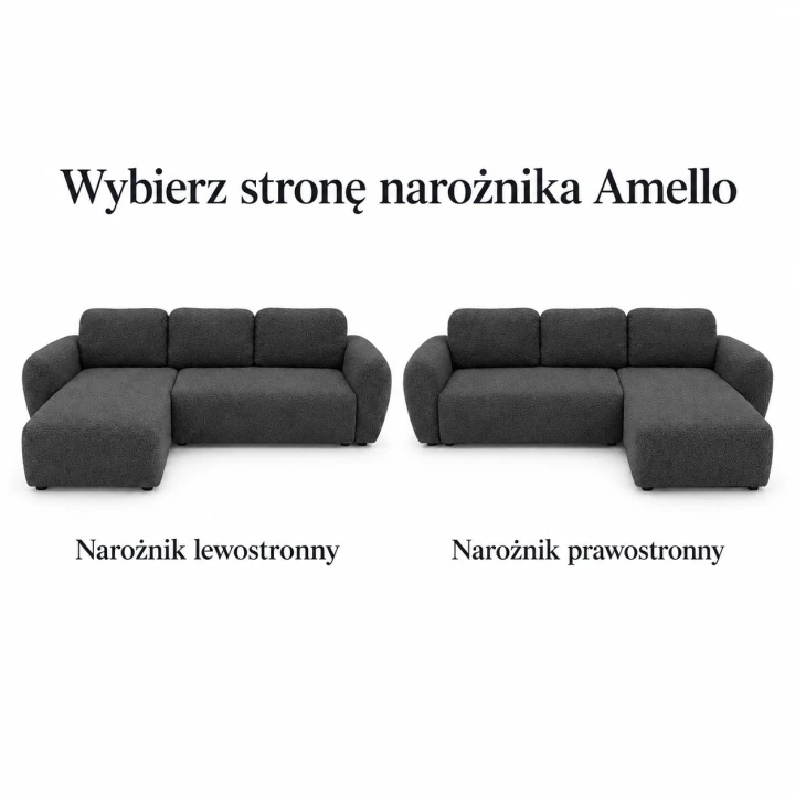 Infografika przedstawiająca możliwość wyboru strony w nowoczesnym narożniku do salonu Amello boucle