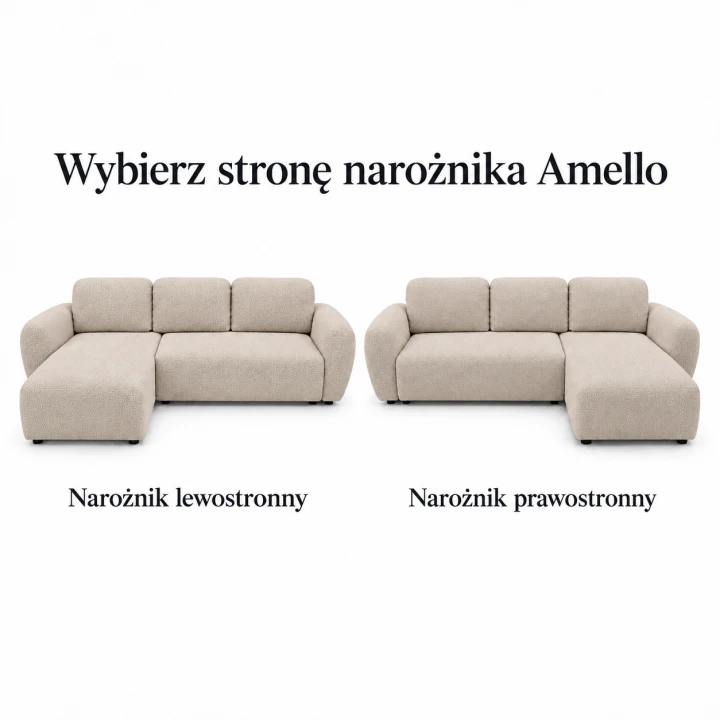 Infografika przedstawiająca możliwość wyboru strony narożnika z funkcją spania Amello boucle