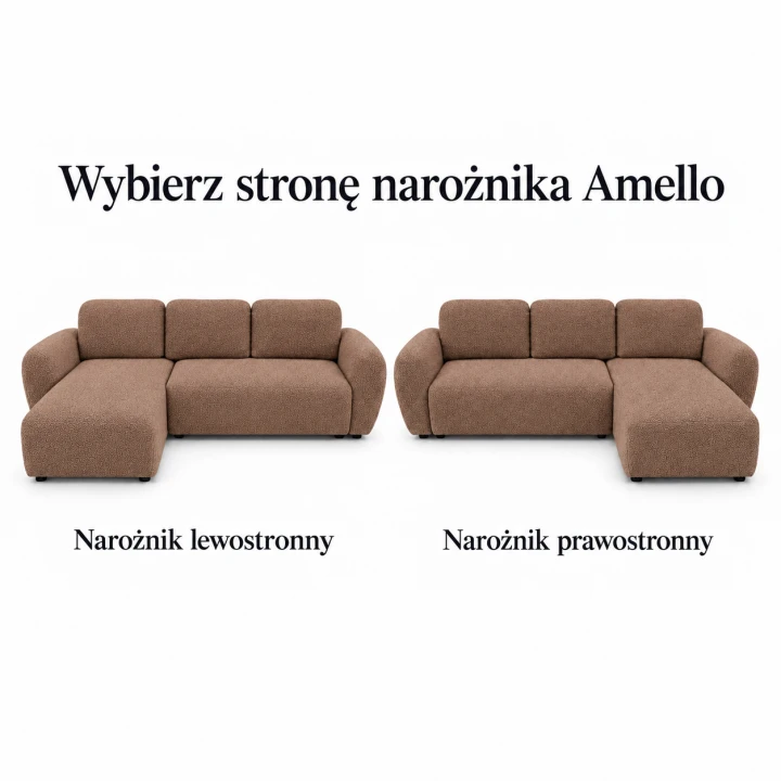 Infografika przedstawiająca możliwość wyboru strony w narożniku rozkładanym do salonu Amello boucle
