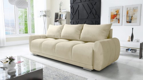 Na zdjęciu przedstawiono BEŻOWA KANAPA ROZKŁADANA SOFA WERSALKA DO SALONU HONEY POJEMNIK WELUR