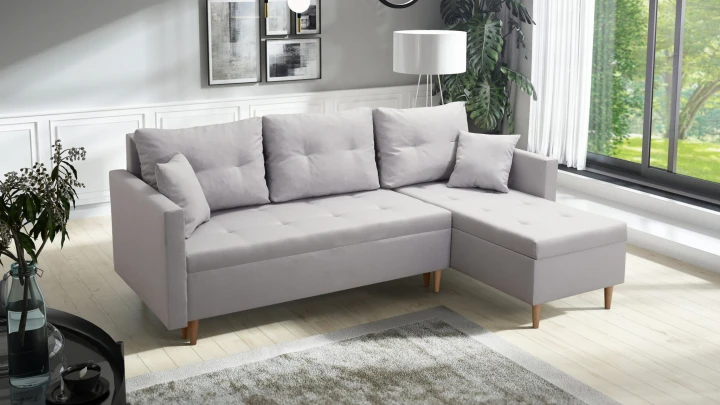 BEŻOWY NAROŻNIK ROZKŁADANY Z FUNKCJĄ SPANIA SCANDIK PIK 2X POJEMNIK