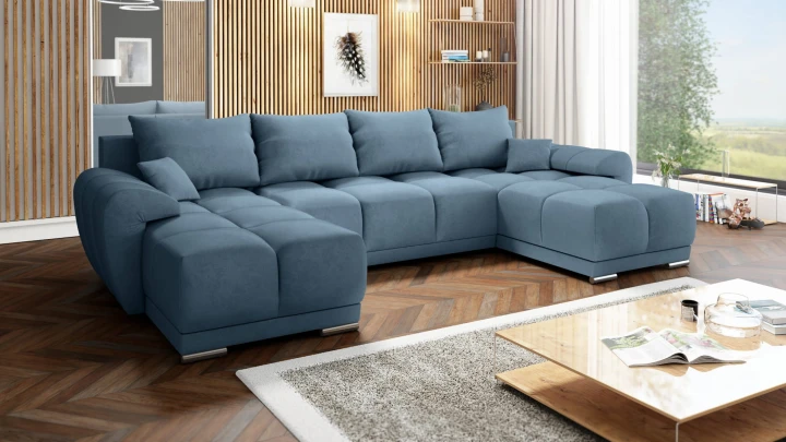 BŁĘKITNY DUŻY NAROŻNIK ROZKŁADANY DO SALONU ROGÓWKA FUNKCJA SPANIA HONEY U