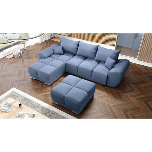 BŁĘKITNY NAROŻNIK KANAPA ROZKŁADANA Z FUNKCJĄ SPANIA HONEY L + DUŻA PUFA