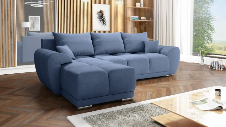 BŁĘKITNY NAROŻNIK KANAPA ROZKŁADANA Z FUNKCJĄ SPANIA HONEY L + DUŻA PUFA