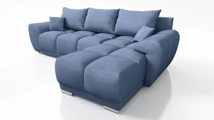 BŁĘKITNY NAROŻNIK KANAPA ROZKŁADANA Z FUNKCJĄ SPANIA HONEY L + DUŻA PUFA