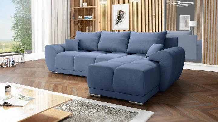 BŁĘKITNY NAROŻNIK KANAPA ROZKŁADANA Z FUNKCJĄ SPANIA HONEY L + DUŻA PUFA