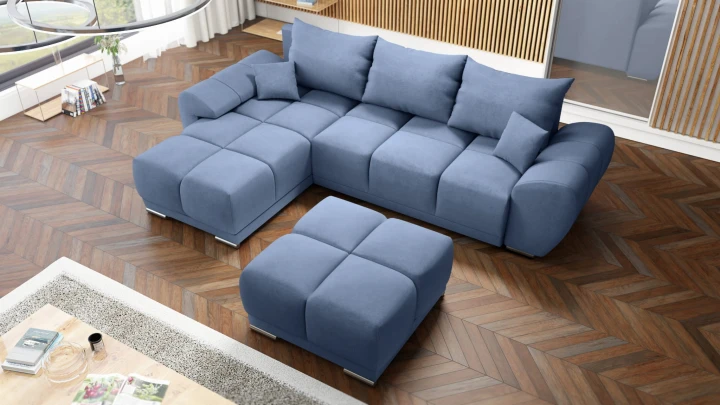 BŁĘKITNY NAROŻNIK KANAPA ROZKŁADANA Z FUNKCJĄ SPANIA HONEY L + DUŻA PUFA