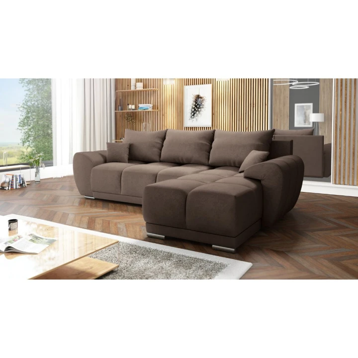 BRĄZOWY NAROŻNIK DO SALONU ROZKŁADANY ROGÓWKA Z FUNKCJĄ SPANIA HONEY L