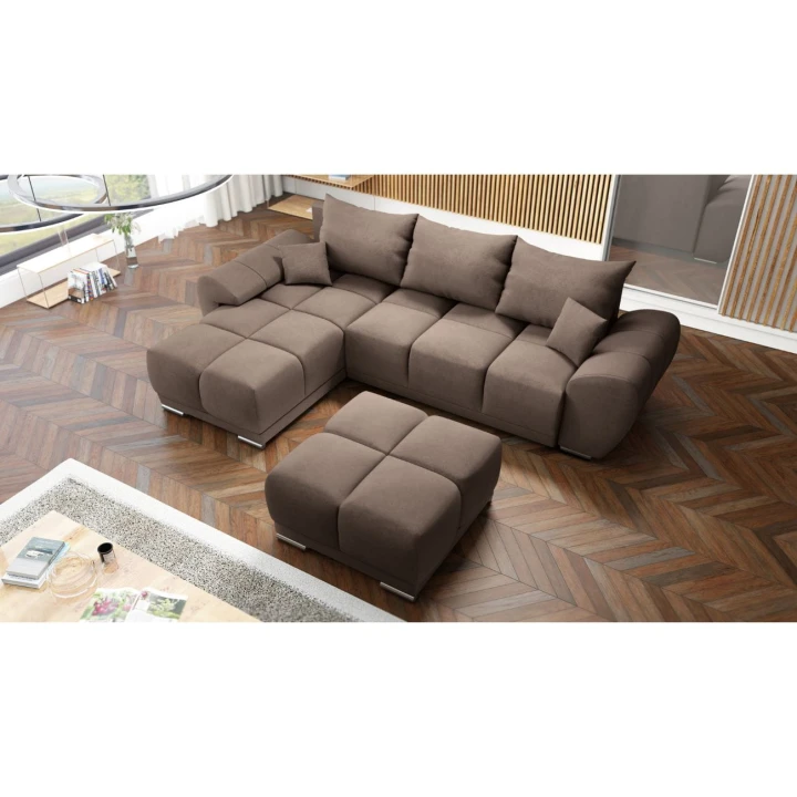 BRĄZOWY NAROŻNIK ROZKŁADANY Z FUNKCJĄ SPANIA HONEY L + DUŻA PUFA