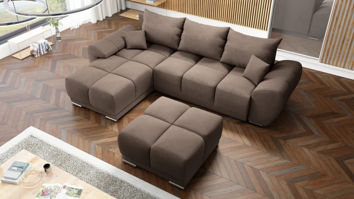 BRĄZOWY NAROŻNIK ROZKŁADANY Z FUNKCJĄ SPANIA HONEY L + DUŻA PUFA