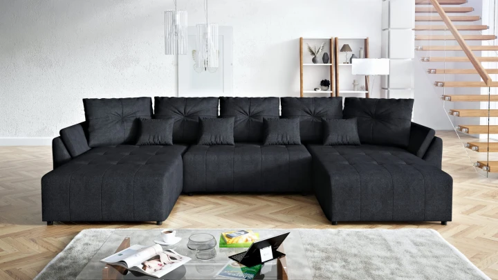 CZARNY DUŻY NAROŻNIK 380 CM ROZKŁADANY ROGÓWKA FUNKCJA SPANIA MIRA POJEMNIK